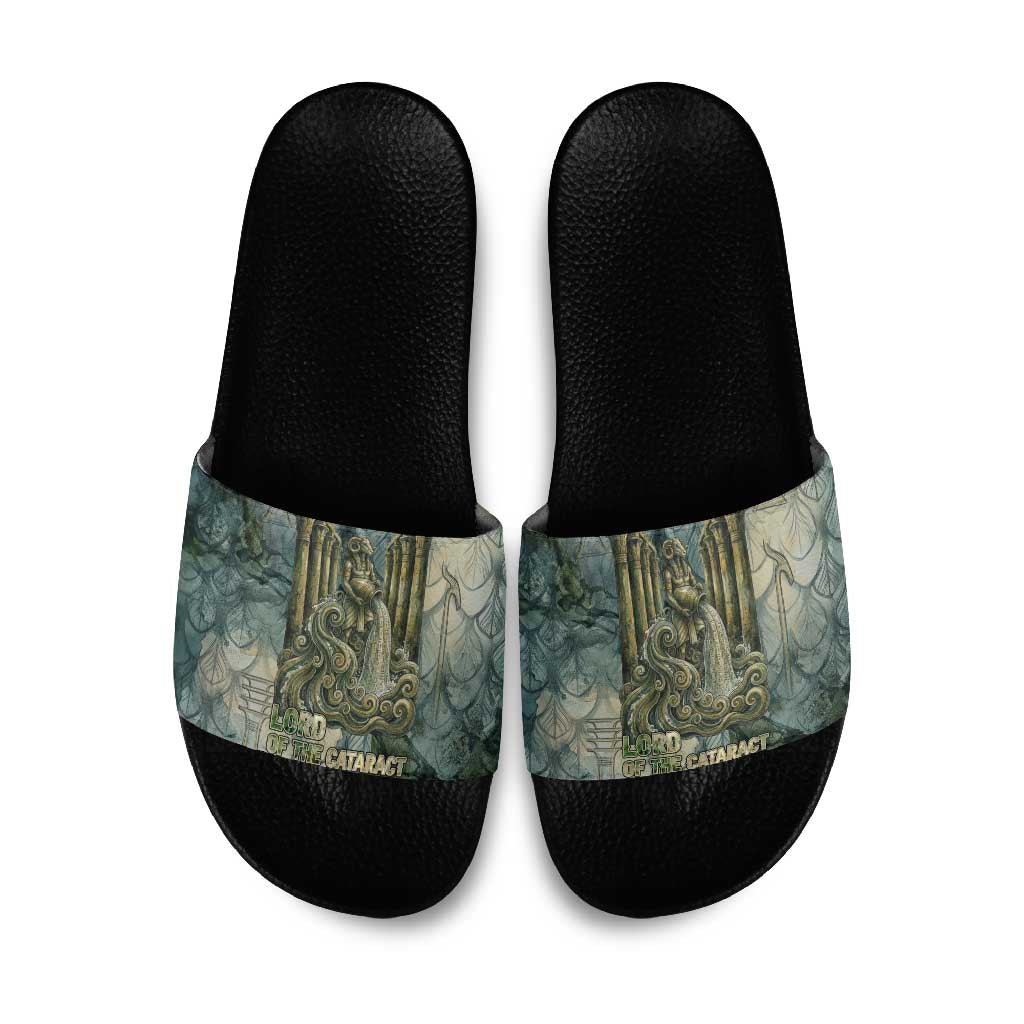 Khnum Ancient Egyptian Slide Sandals with Smoky Leaf, Ram Head Emblem, and Guardian of the Cataract - Wonder Print Shop