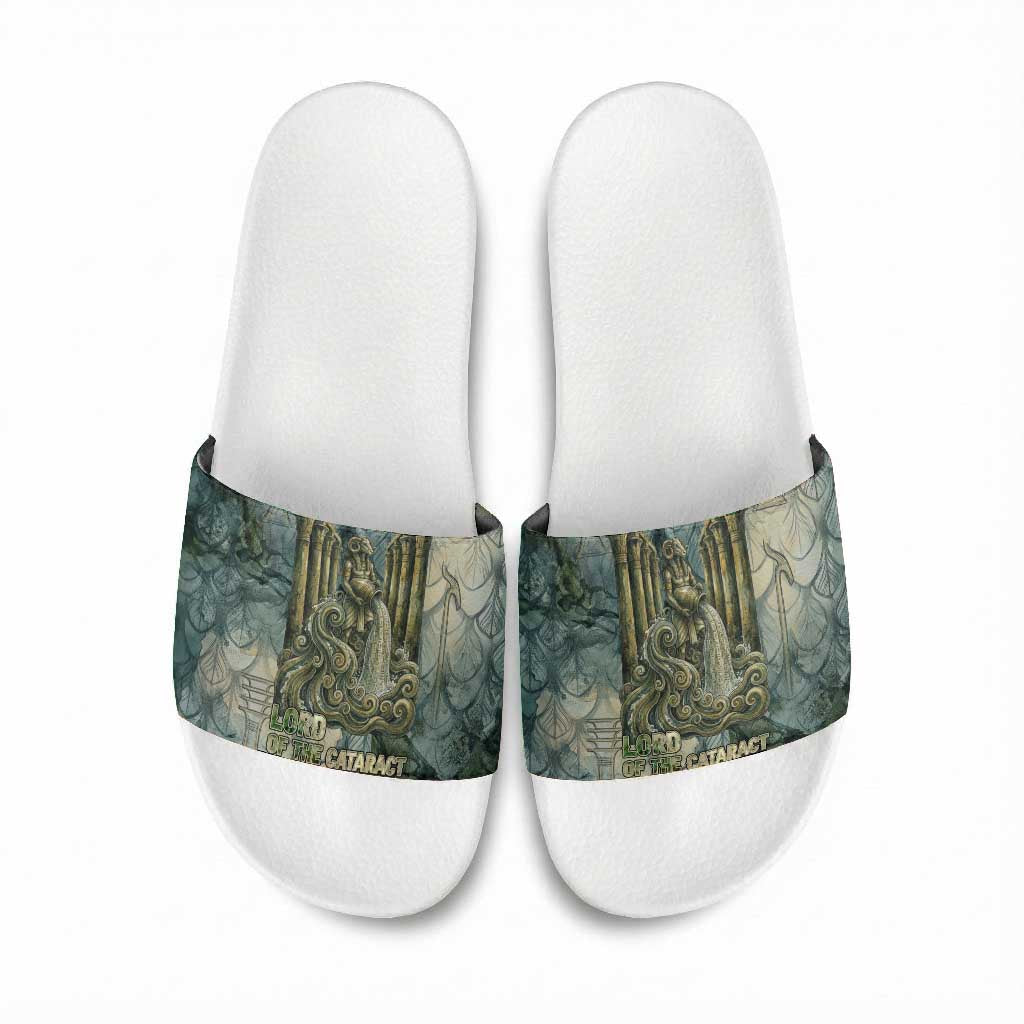Khnum Ancient Egyptian Slide Sandals with Smoky Leaf, Ram Head Emblem, and Guardian of the Cataract - Wonder Print Shop