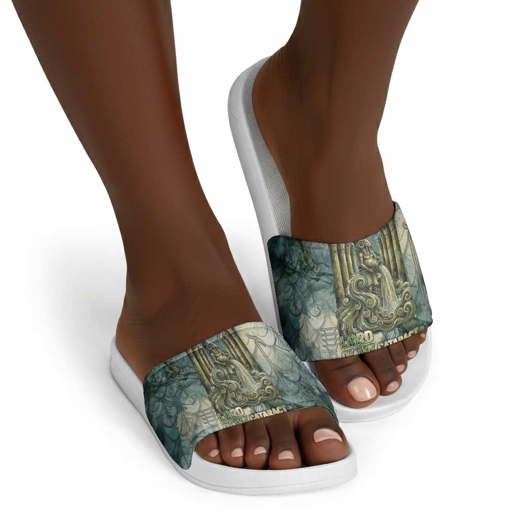 Khnum Ancient Egyptian Slide Sandals with Smoky Leaf, Ram Head Emblem, and Guardian of the Cataract - Wonder Print Shop