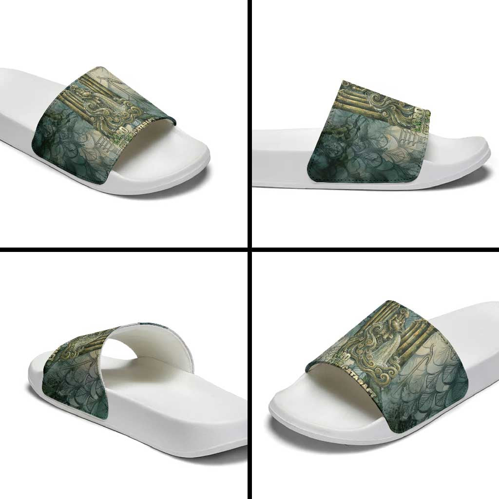 Khnum Ancient Egyptian Slide Sandals with Smoky Leaf, Ram Head Emblem, and Guardian of the Cataract - Wonder Print Shop
