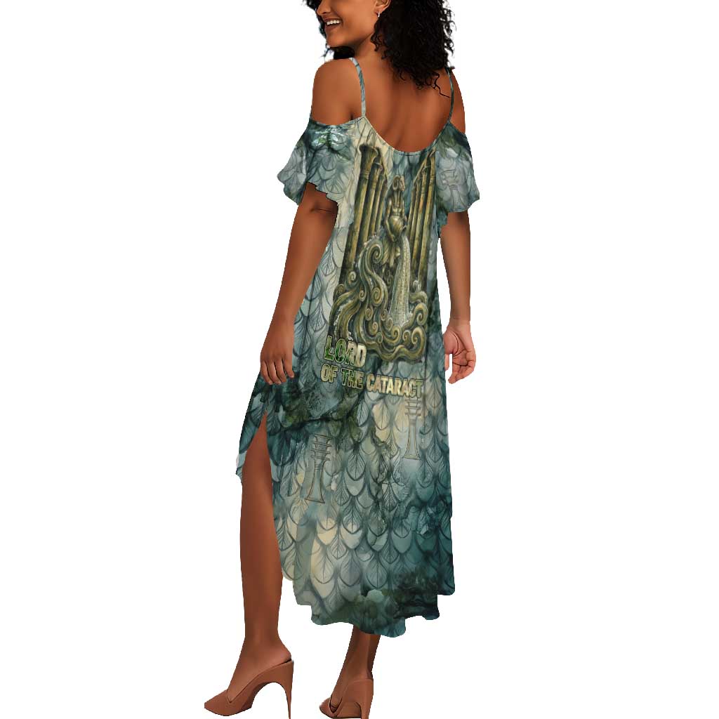 Khnum Ancient Egyptian Summer Maxi Dress with Smoky Leaf, Ram Head Emblem, and Guardian of the Cataract - Wonder Print Shop