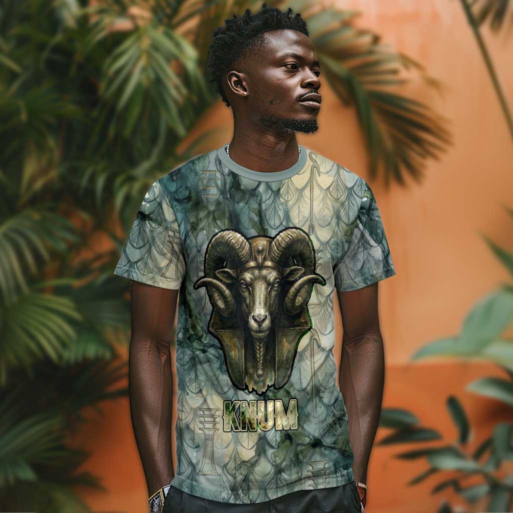 Khnum Ancient Egyptian T shirt with Smoky Leaf, Ram Head Emblem, and Guardian of the Cataract - Wonder Print Shop