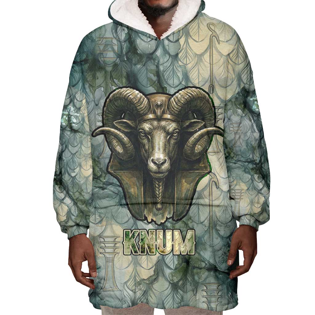 Khnum Ancient Egyptian Wearable Blanket Hoodie with Smoky Leaf, Ram Head Emblem, and Guardian of the Cataract - Wonder Print Shop