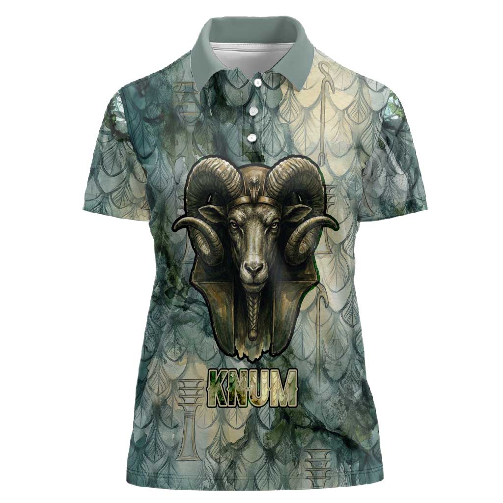 Khnum Ancient Egyptian Women Polo Shirt with Smoky Leaf, Ram Head Emblem, and Guardian of the Cataract - Wonder Print Shop