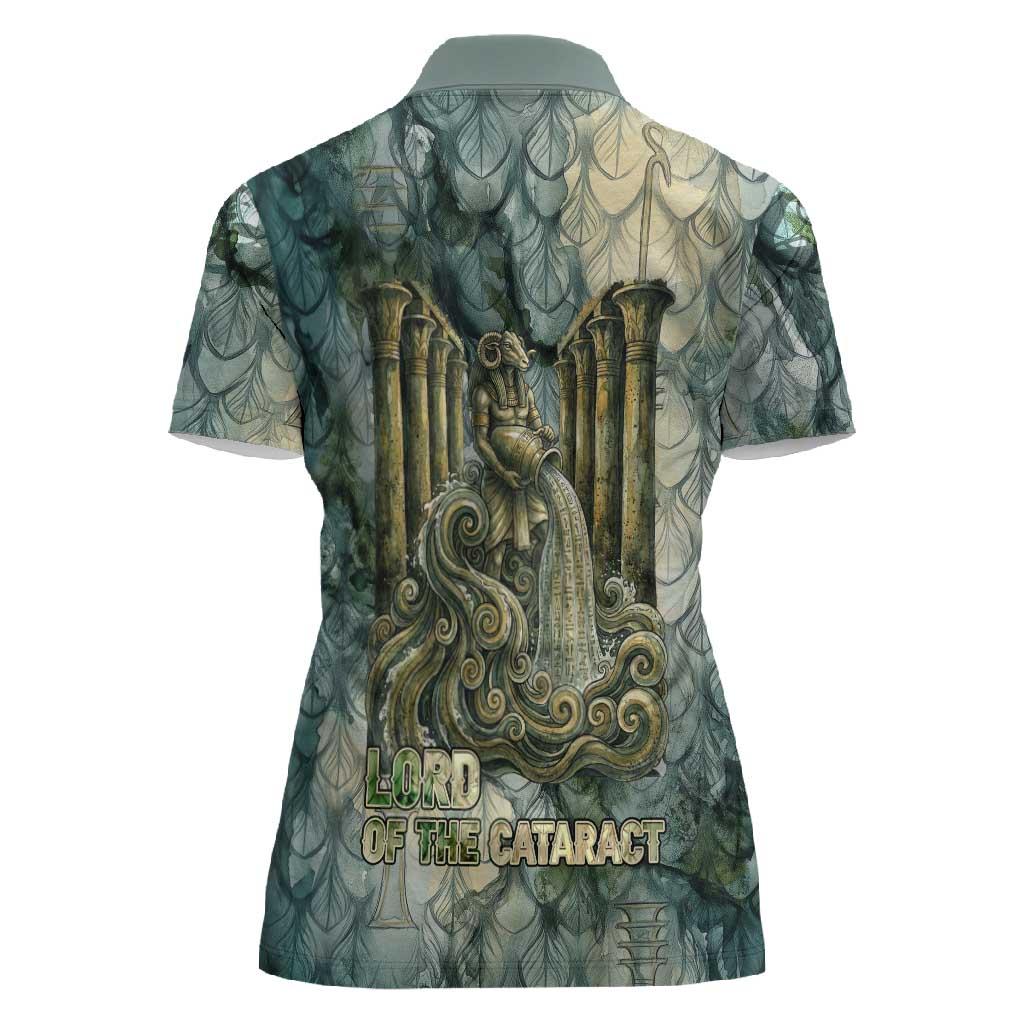 Khnum Ancient Egyptian Women Polo Shirt with Smoky Leaf, Ram Head Emblem, and Guardian of the Cataract - Wonder Print Shop