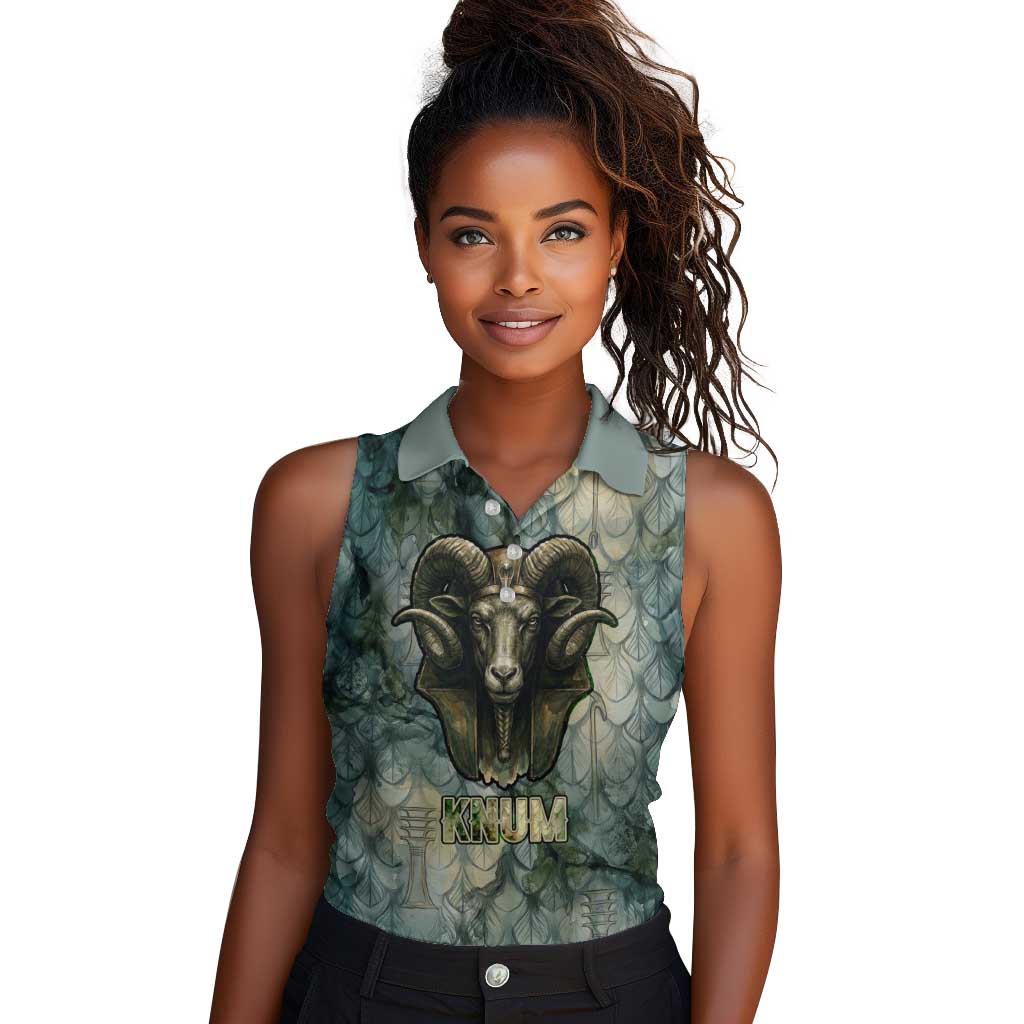 Khnum Ancient Egyptian Women Sleeveless Polo Shirt with Smoky Leaf, Ram Head Emblem, and Guardian of the Cataract - Wonder Print Shop