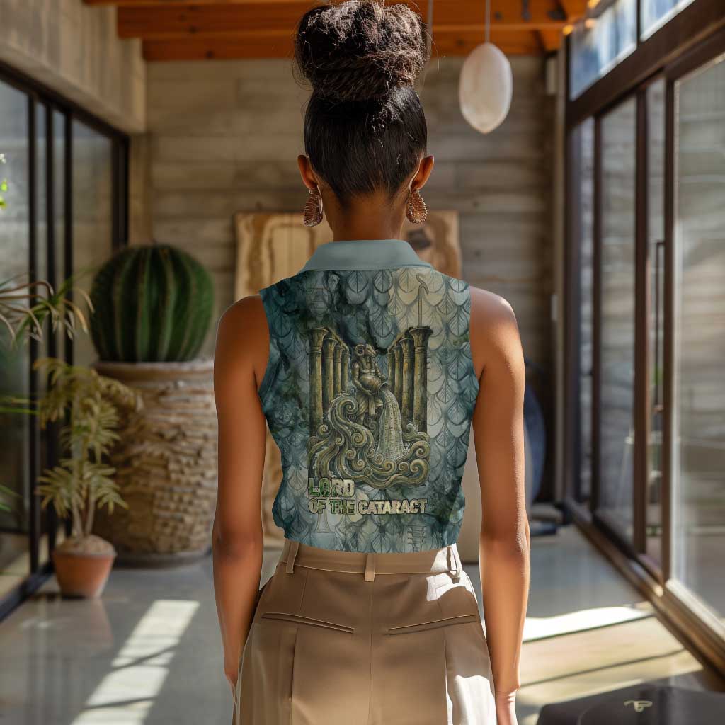Khnum Ancient Egyptian Women Sleeveless Polo Shirt with Smoky Leaf, Ram Head Emblem, and Guardian of the Cataract - Wonder Print Shop