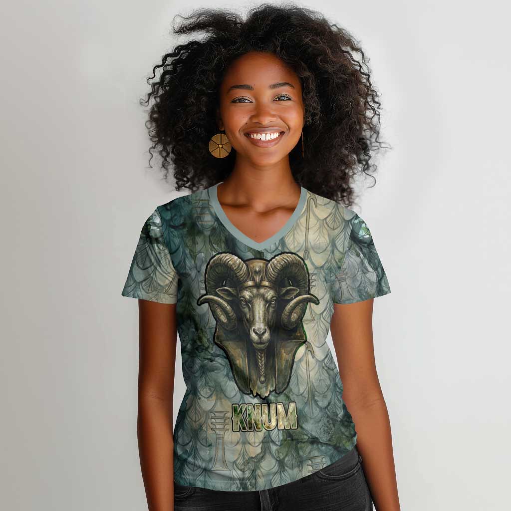 Khnum Ancient Egyptian Women V-Neck T-Shirt with Smoky Leaf, Ram Head Emblem, and Guardian of the Cataract - Wonder Print Shop