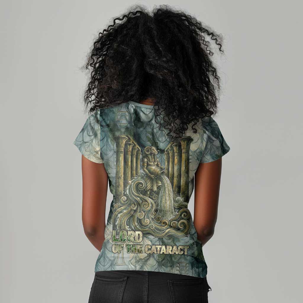 Khnum Ancient Egyptian Women V-Neck T-Shirt with Smoky Leaf, Ram Head Emblem, and Guardian of the Cataract - Wonder Print Shop