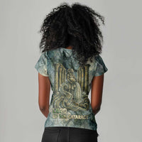 Khnum Ancient Egyptian Women V-Neck T-Shirt with Smoky Leaf, Ram Head Emblem, and Guardian of the Cataract - Wonder Print Shop
