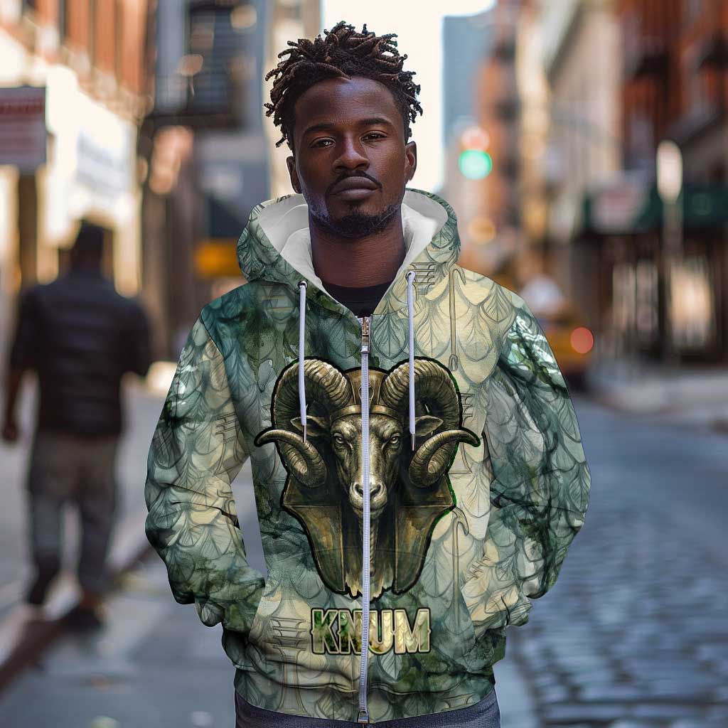 Khnum Ancient Egyptian Zip Hoodie with Smoky Leaf, Ram Head Emblem, and Guardian of the Cataract - Wonder Print Shop