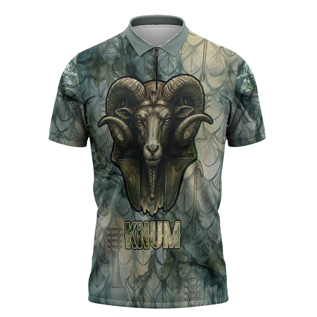 Khnum Ancient Egyptian Zipper Polo Shirt with Smoky Leaf, Ram Head Emblem, and Guardian of the Cataract - Wonder Print Shop