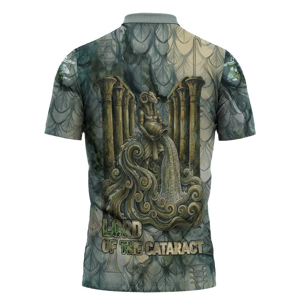 Khnum Ancient Egyptian Zipper Polo Shirt with Smoky Leaf, Ram Head Emblem, and Guardian of the Cataract - Wonder Print Shop