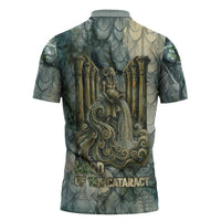 Khnum Ancient Egyptian Zipper Polo Shirt with Smoky Leaf, Ram Head Emblem, and Guardian of the Cataract - Wonder Print Shop
