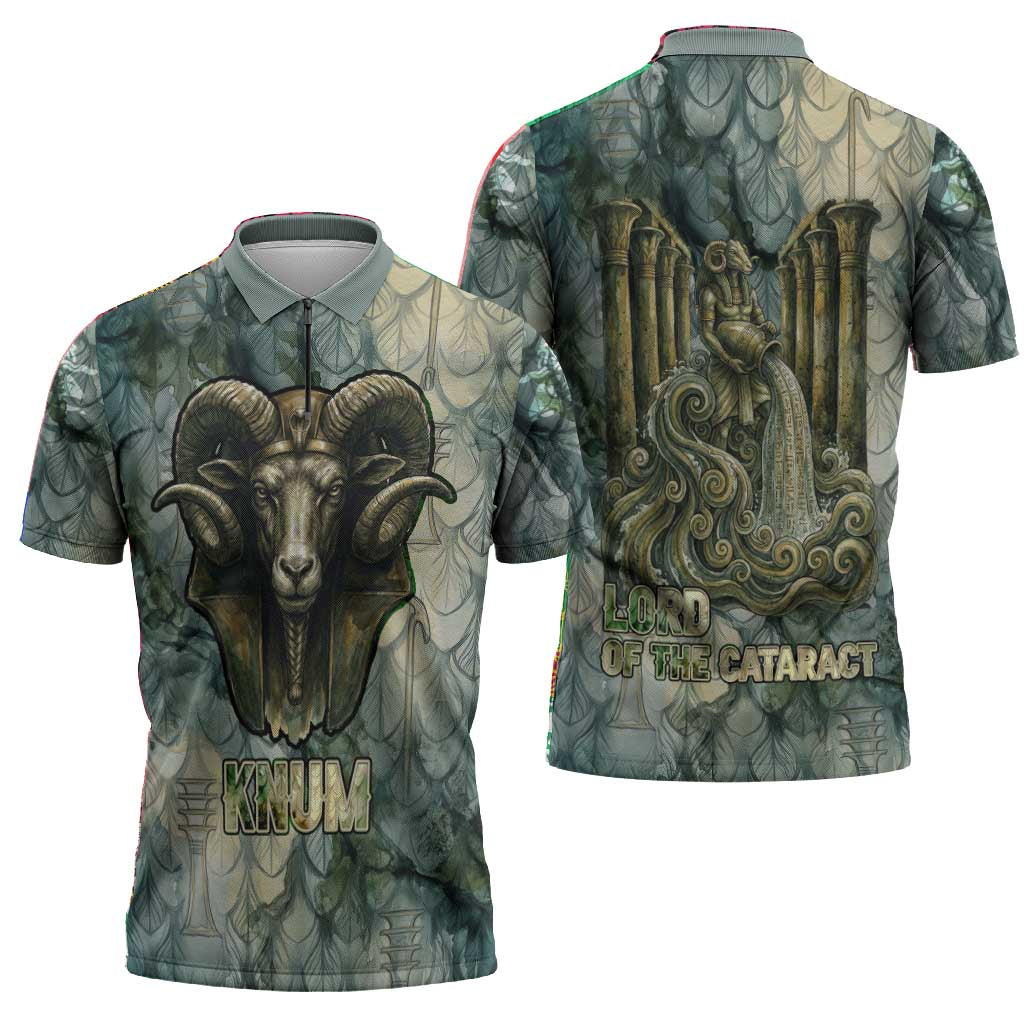 Khnum Ancient Egyptian Zipper Polo Shirt with Smoky Leaf, Ram Head Emblem, and Guardian of the Cataract - Wonder Print Shop