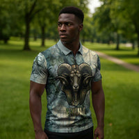 Khnum Ancient Egyptian Zipper Polo Shirt with Smoky Leaf, Ram Head Emblem, and Guardian of the Cataract - Wonder Print Shop
