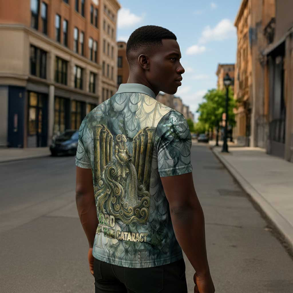 Khnum Ancient Egyptian Zipper Polo Shirt with Smoky Leaf, Ram Head Emblem, and Guardian of the Cataract - Wonder Print Shop