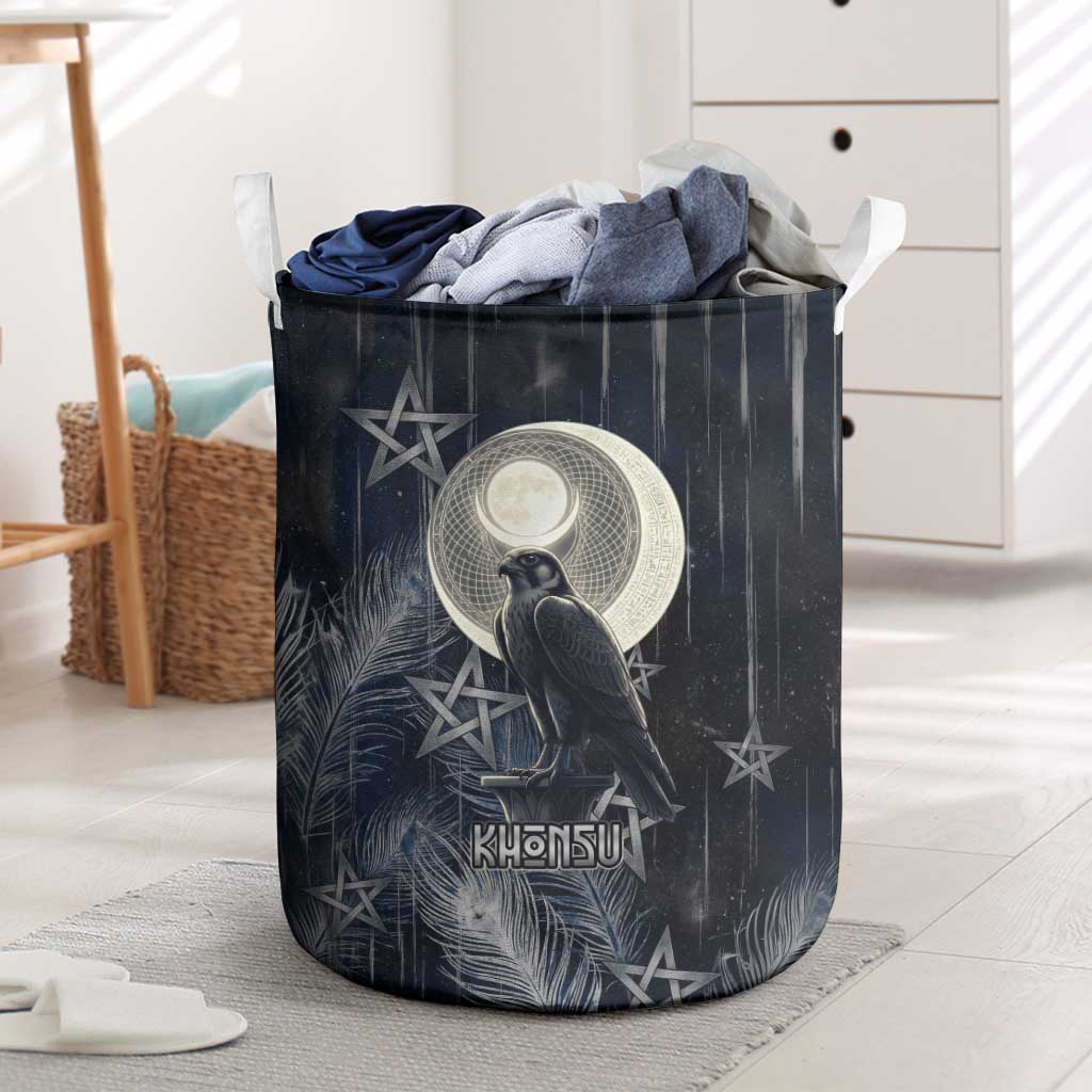 Khonsu Laundry Basket Ancient Egyptian Dark Feather Pattern, Moonlit Raven Symbol, and Eye Lotus - Wonder Print Shop