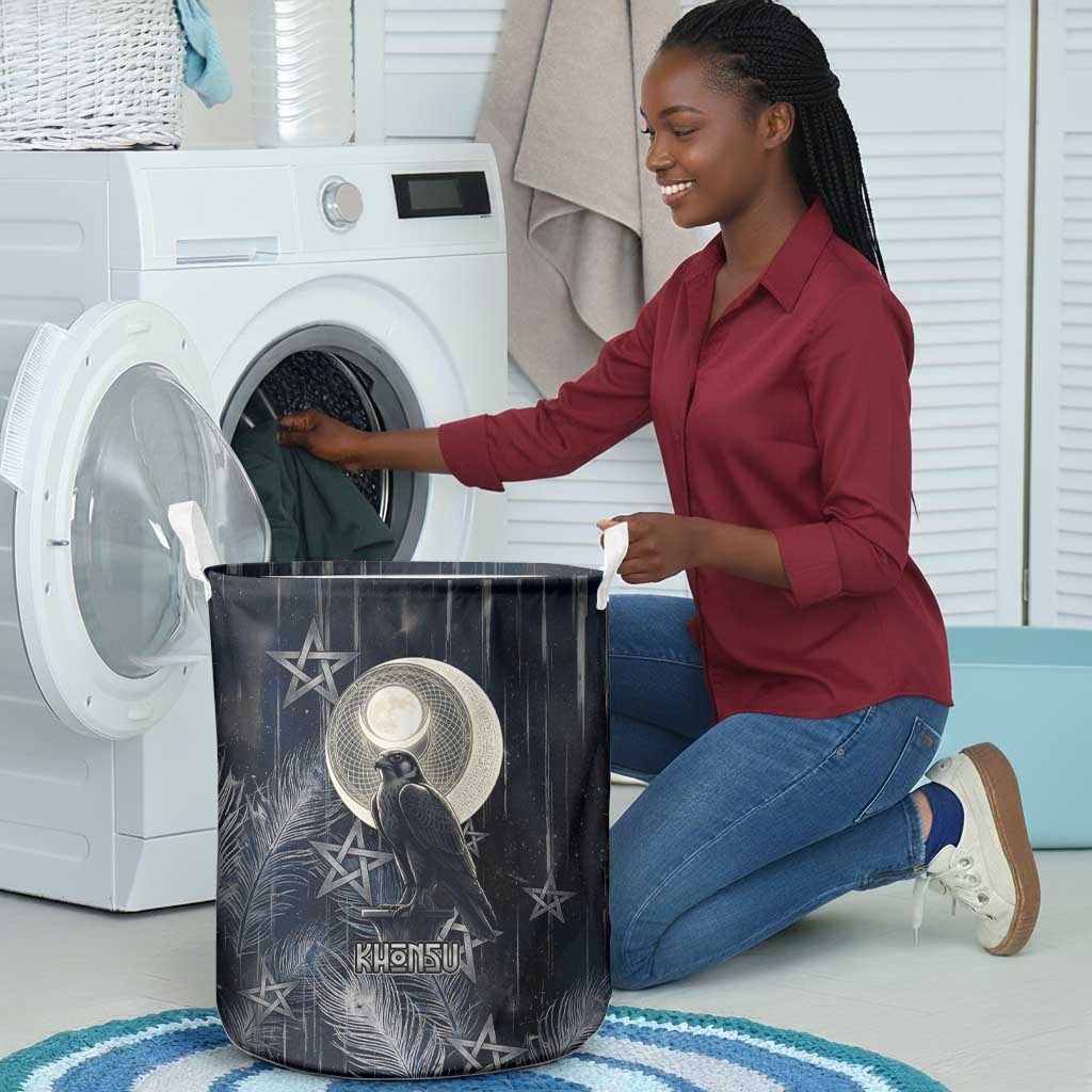 Khonsu Laundry Basket Ancient Egyptian Dark Feather Pattern, Moonlit Raven Symbol, and Eye Lotus - Wonder Print Shop