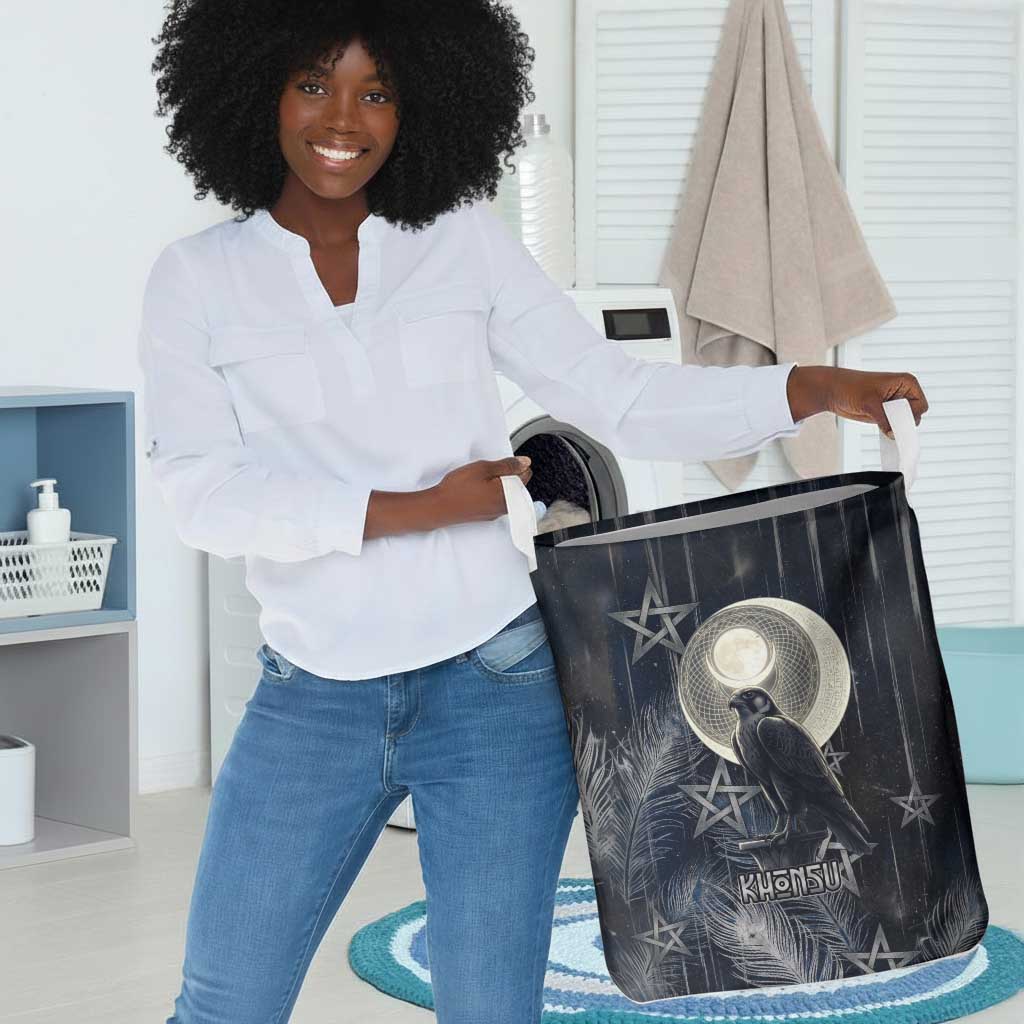 Khonsu Laundry Basket Ancient Egyptian Dark Feather Pattern, Moonlit Raven Symbol, and Eye Lotus - Wonder Print Shop