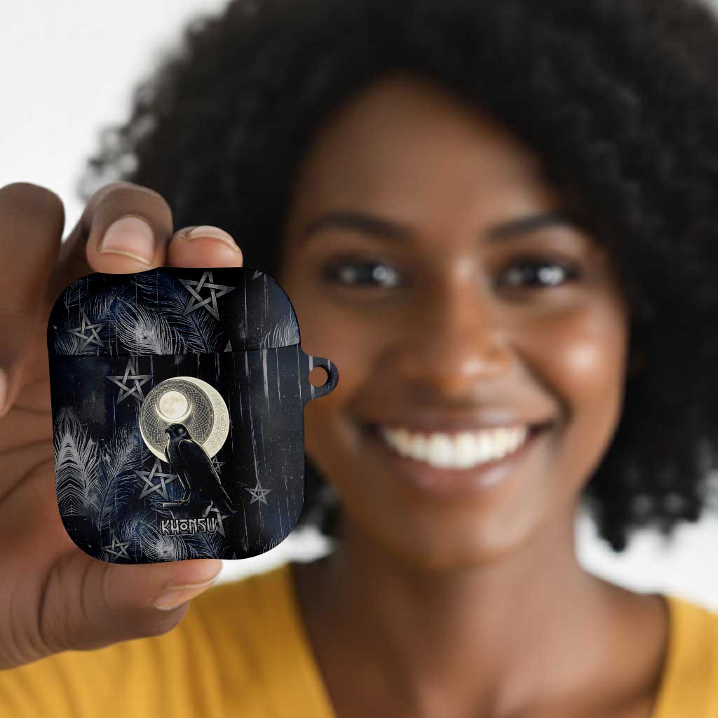 Khonsu AirPods Case Ancient Egyptian Dark Feather Pattern, Moonlit Raven Symbol, and Eye Lotus - Wonder Print Shop