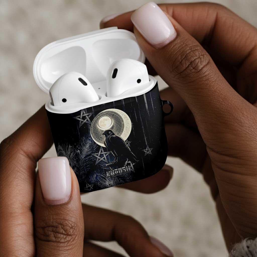 Khonsu AirPods Case Ancient Egyptian Dark Feather Pattern, Moonlit Raven Symbol, and Eye Lotus - Wonder Print Shop