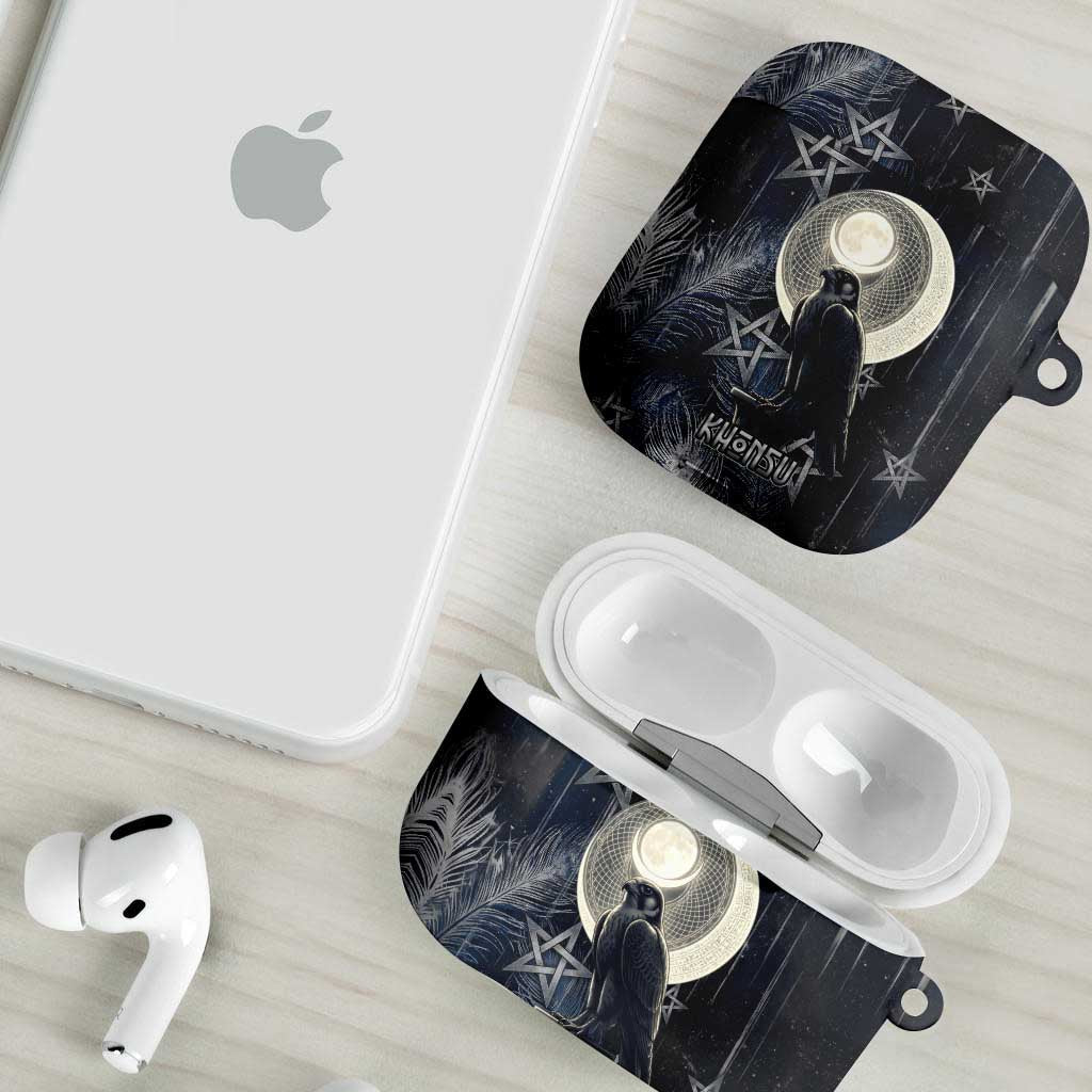 Khonsu AirPods Case Ancient Egyptian Dark Feather Pattern, Moonlit Raven Symbol, and Eye Lotus - Wonder Print Shop