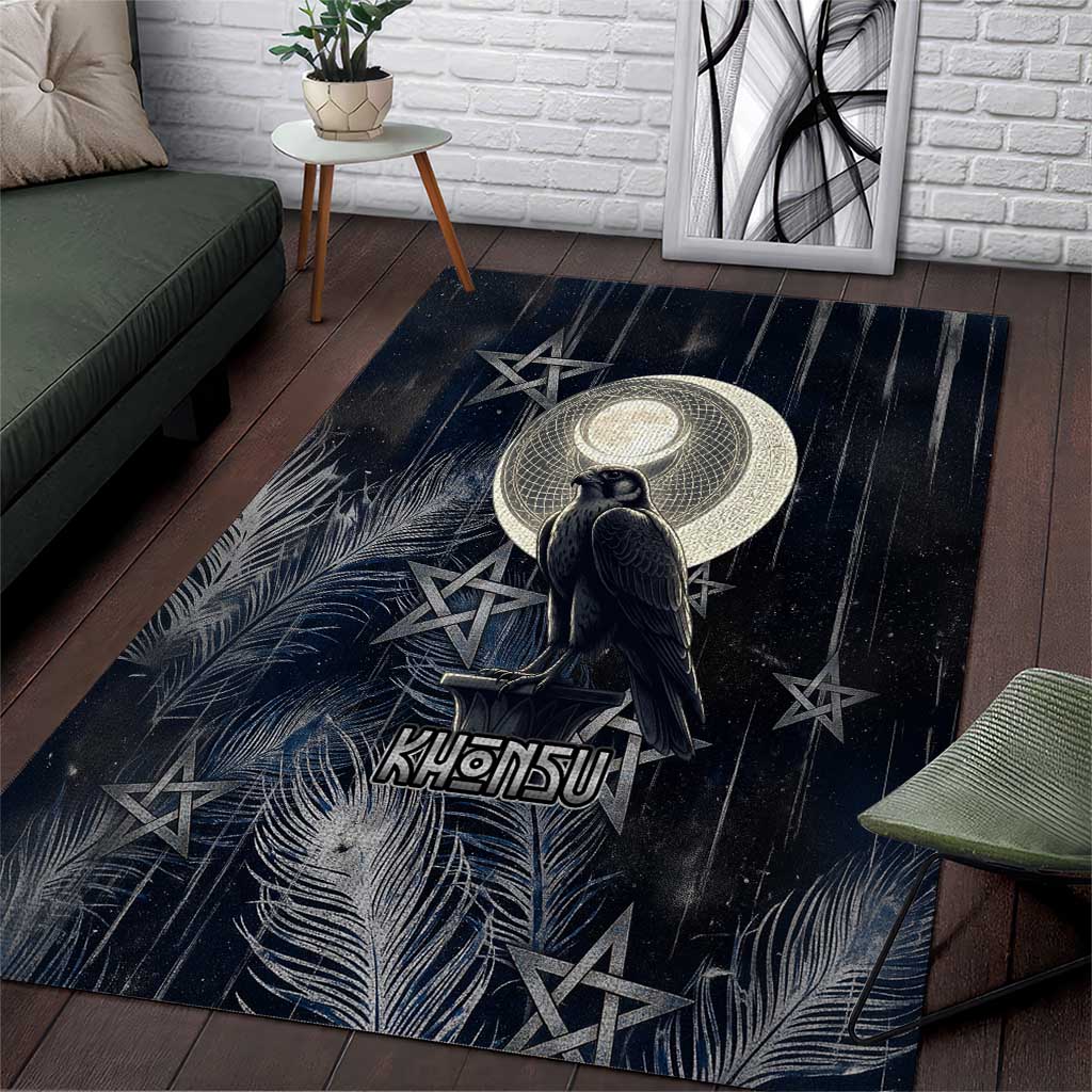 Khonsu Area Rug Ancient Egyptian Dark Feather Pattern, Moonlit Raven Symbol, and Eye Lotus - Wonder Print Shop