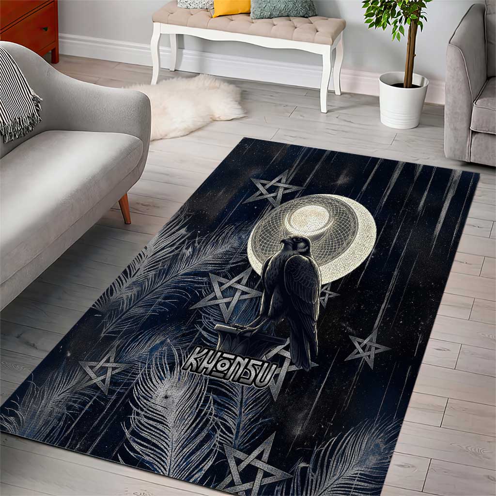 Khonsu Area Rug Ancient Egyptian Dark Feather Pattern, Moonlit Raven Symbol, and Eye Lotus - Wonder Print Shop