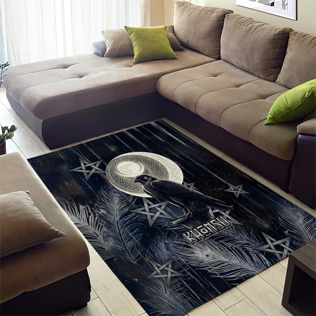 Khonsu Area Rug Ancient Egyptian Dark Feather Pattern, Moonlit Raven Symbol, and Eye Lotus - Wonder Print Shop