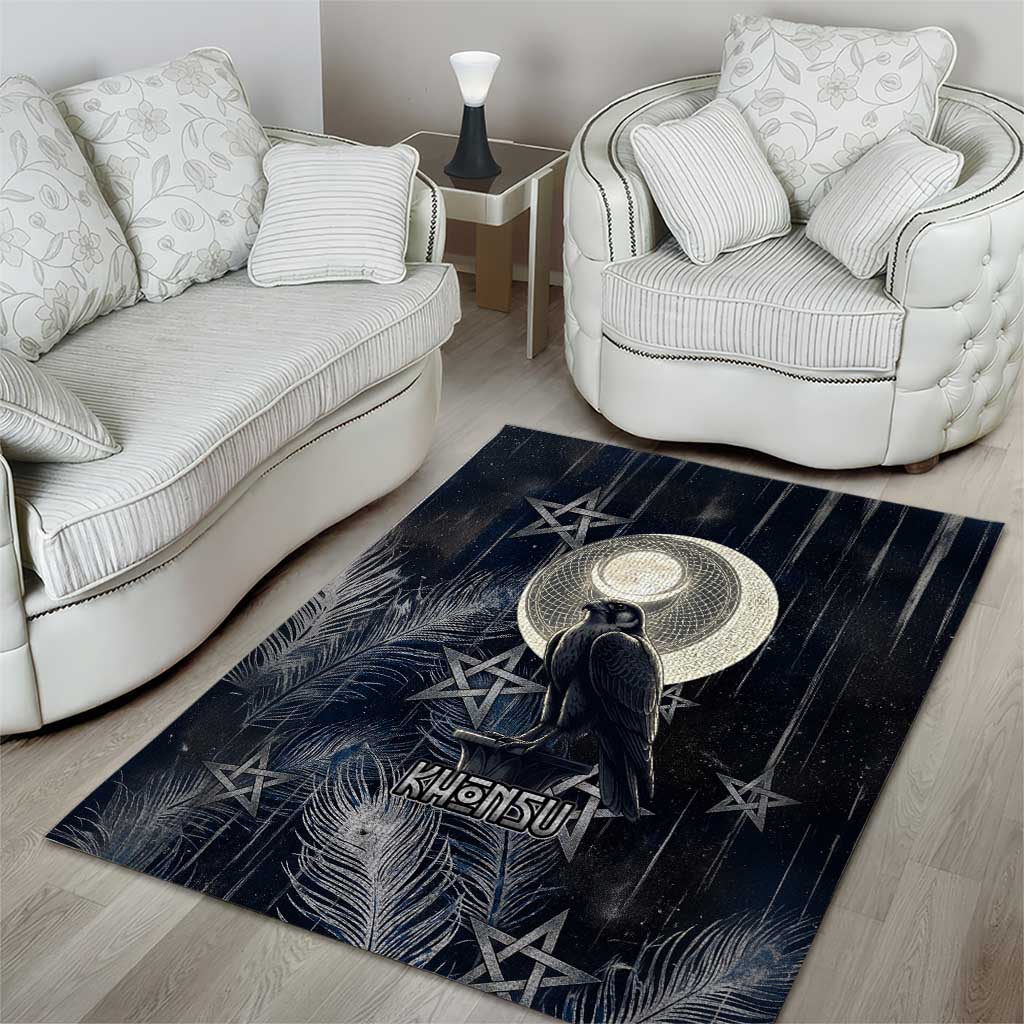 Khonsu Area Rug Ancient Egyptian Dark Feather Pattern, Moonlit Raven Symbol, and Eye Lotus - Wonder Print Shop