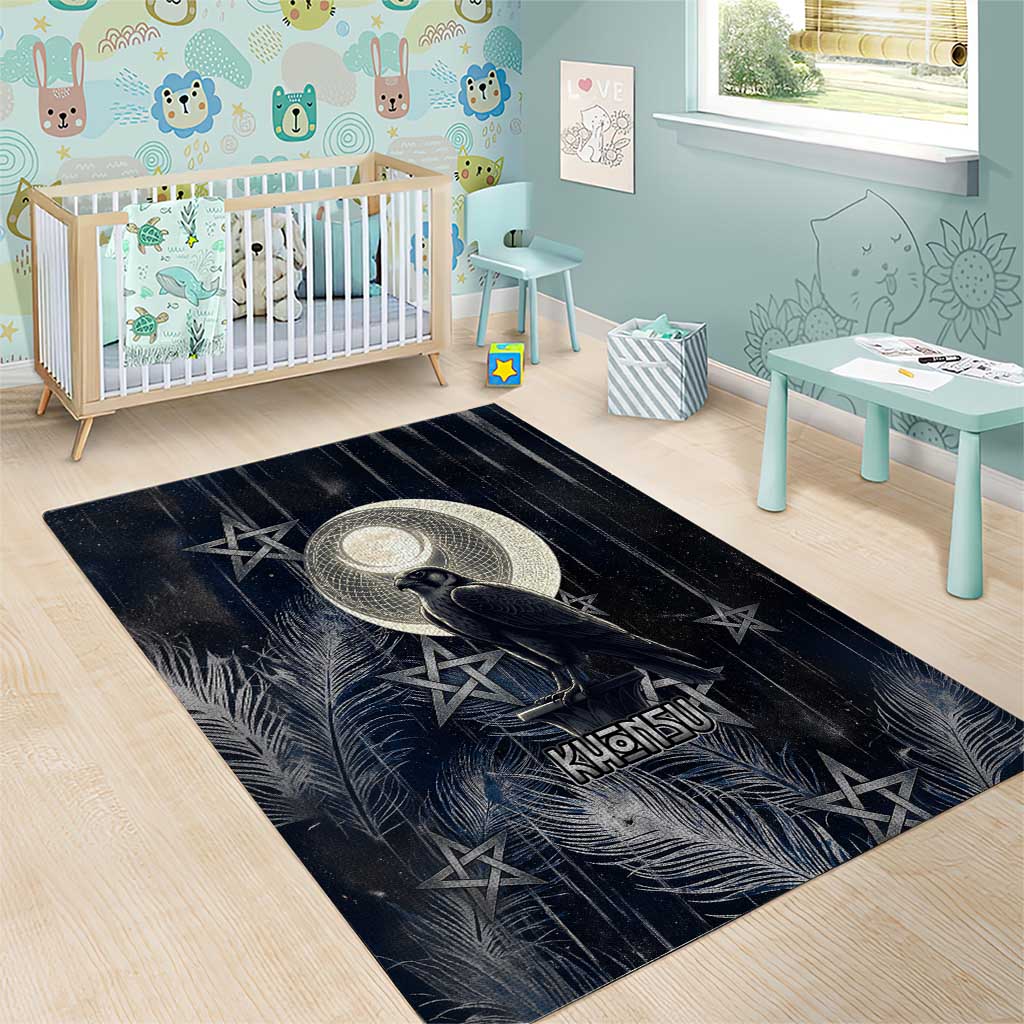 Khonsu Area Rug Ancient Egyptian Dark Feather Pattern, Moonlit Raven Symbol, and Eye Lotus - Wonder Print Shop