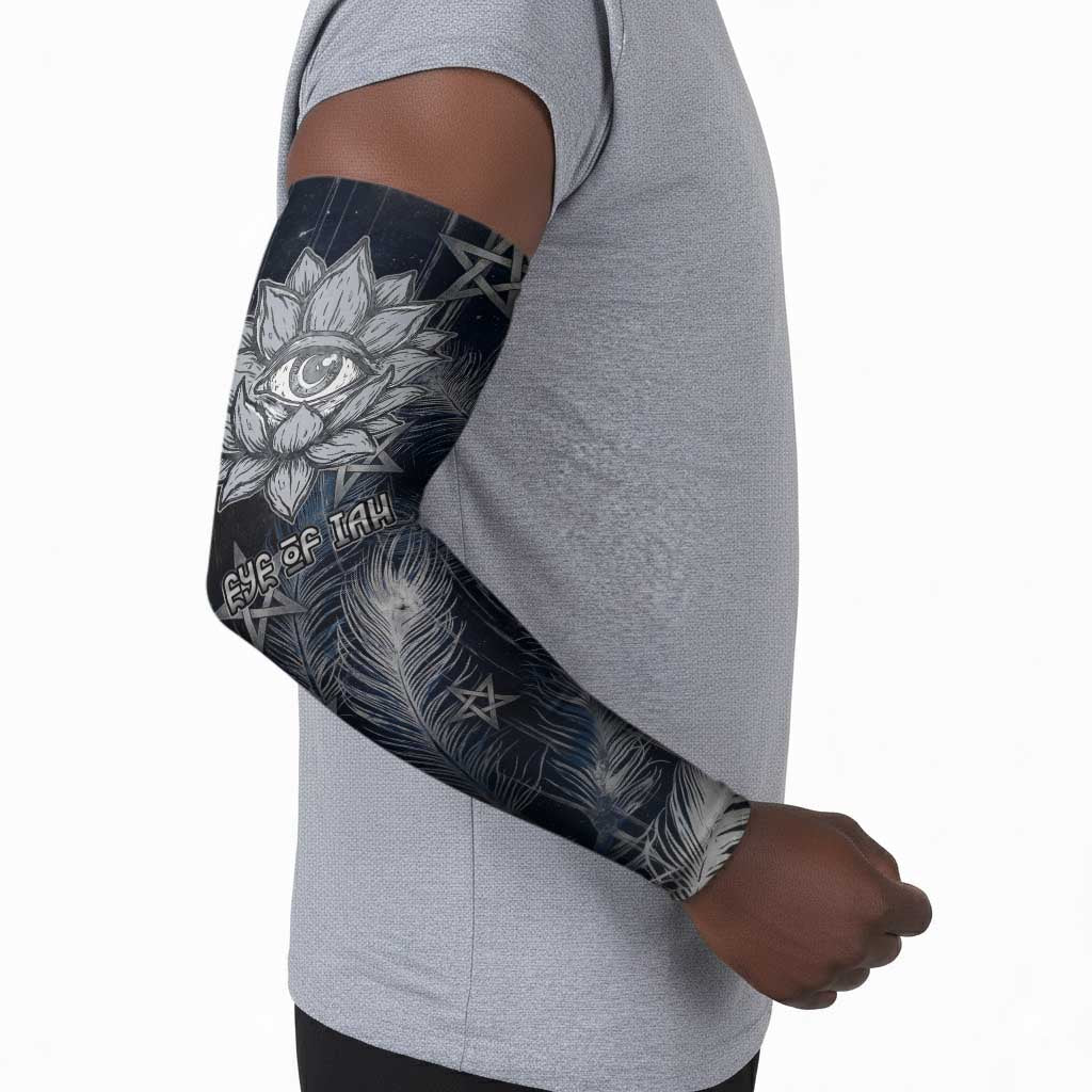 Khonsu Arm Sleeves Ancient Egyptian Dark Feather Pattern, Moonlit Raven Symbol, and Eye Lotus - Wonder Print Shop