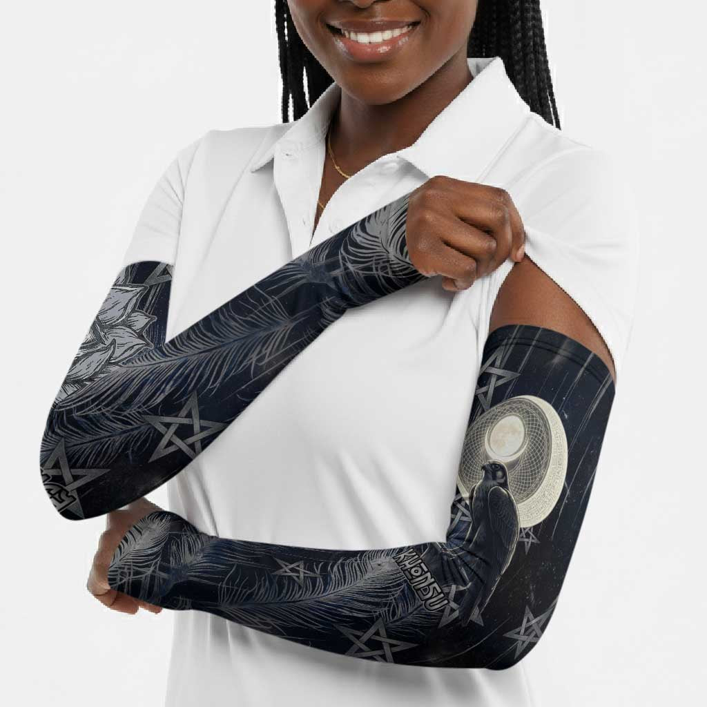 Khonsu Arm Sleeves Ancient Egyptian Dark Feather Pattern, Moonlit Raven Symbol, and Eye Lotus - Wonder Print Shop