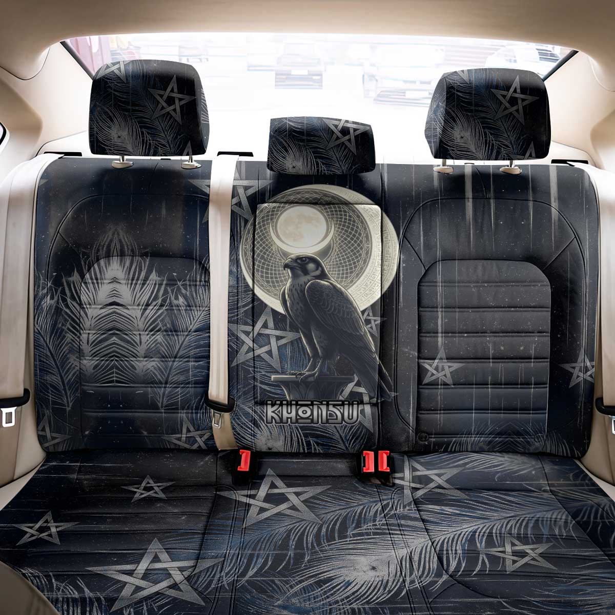 Khonsu Back Car Seat Cover Ancient Egyptian Dark Feather Pattern, Moonlit Raven Symbol, and Eye Lotus - Wonder Print Shop