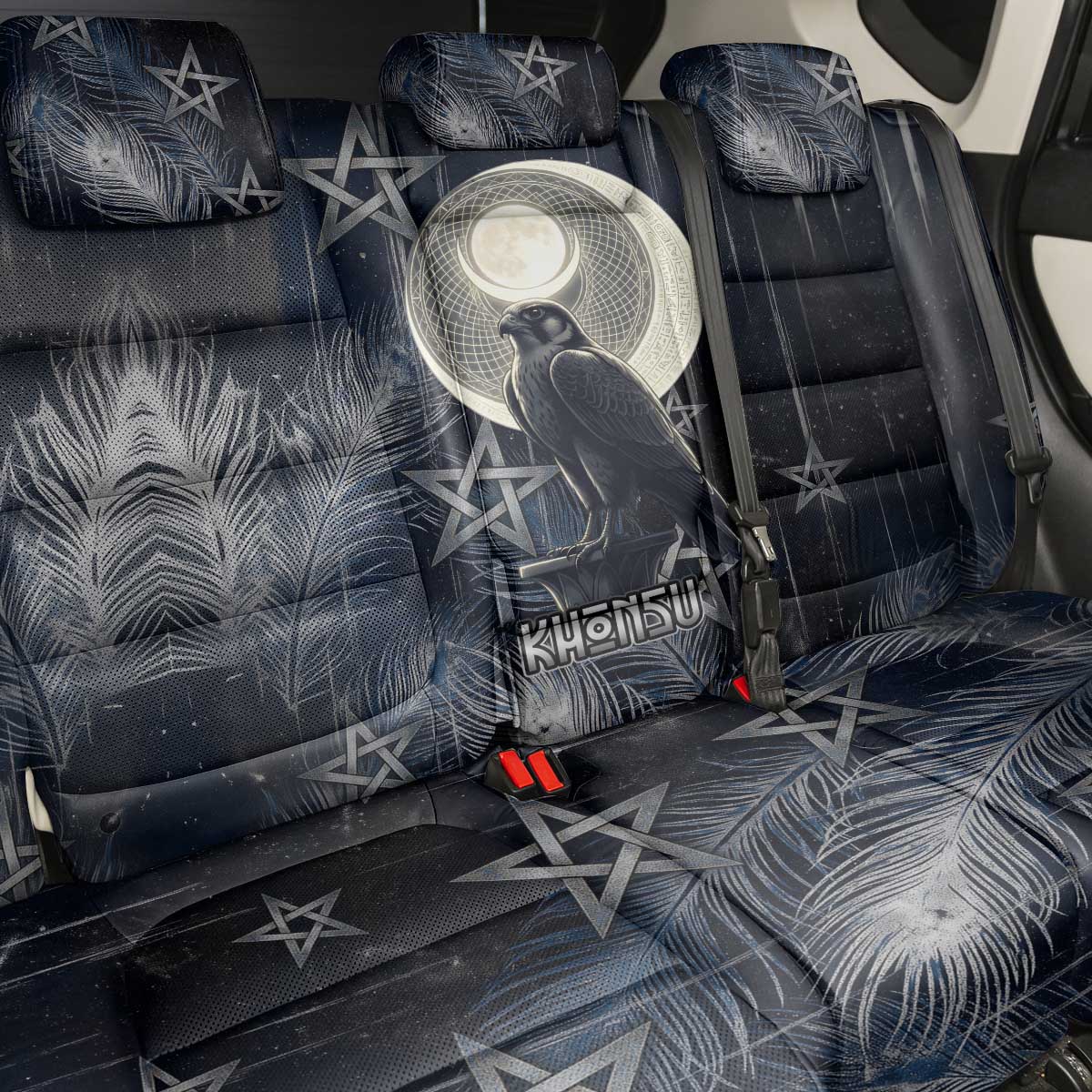 Khonsu Back Car Seat Cover Ancient Egyptian Dark Feather Pattern, Moonlit Raven Symbol, and Eye Lotus - Wonder Print Shop
