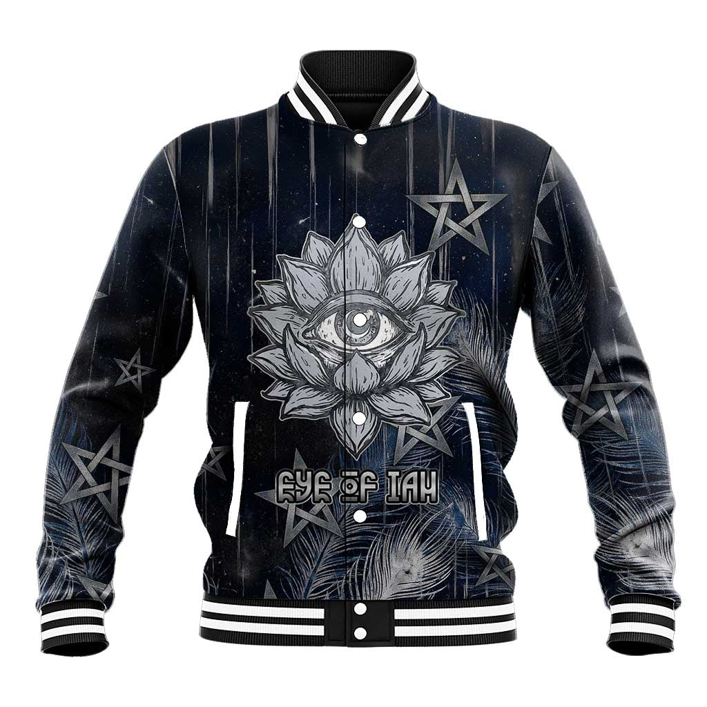 Khonsu Baseball Jacket Ancient Egyptian Dark Feather Pattern, Moonlit Raven Symbol, and Eye Lotus - Wonder Print Shop