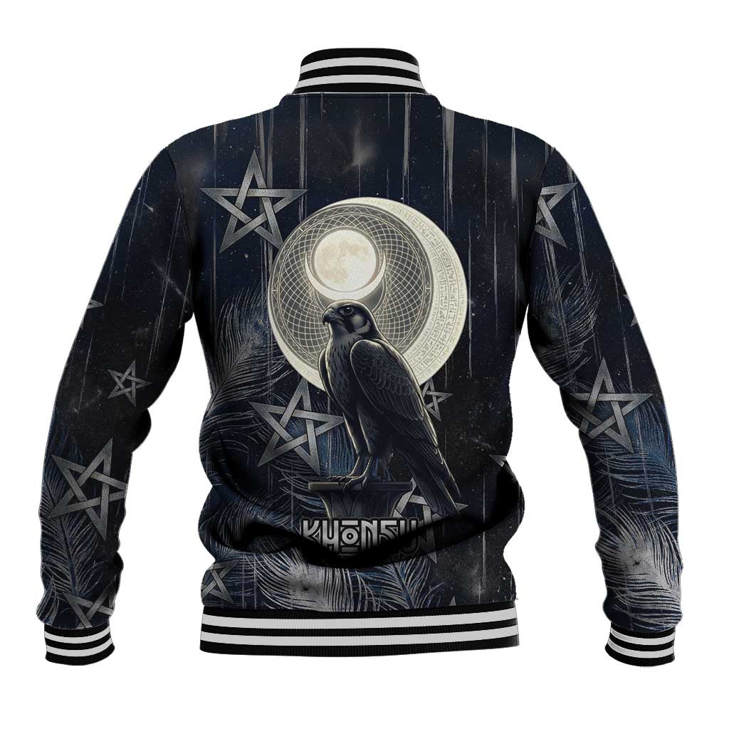 Khonsu Baseball Jacket Ancient Egyptian Dark Feather Pattern, Moonlit Raven Symbol, and Eye Lotus - Wonder Print Shop