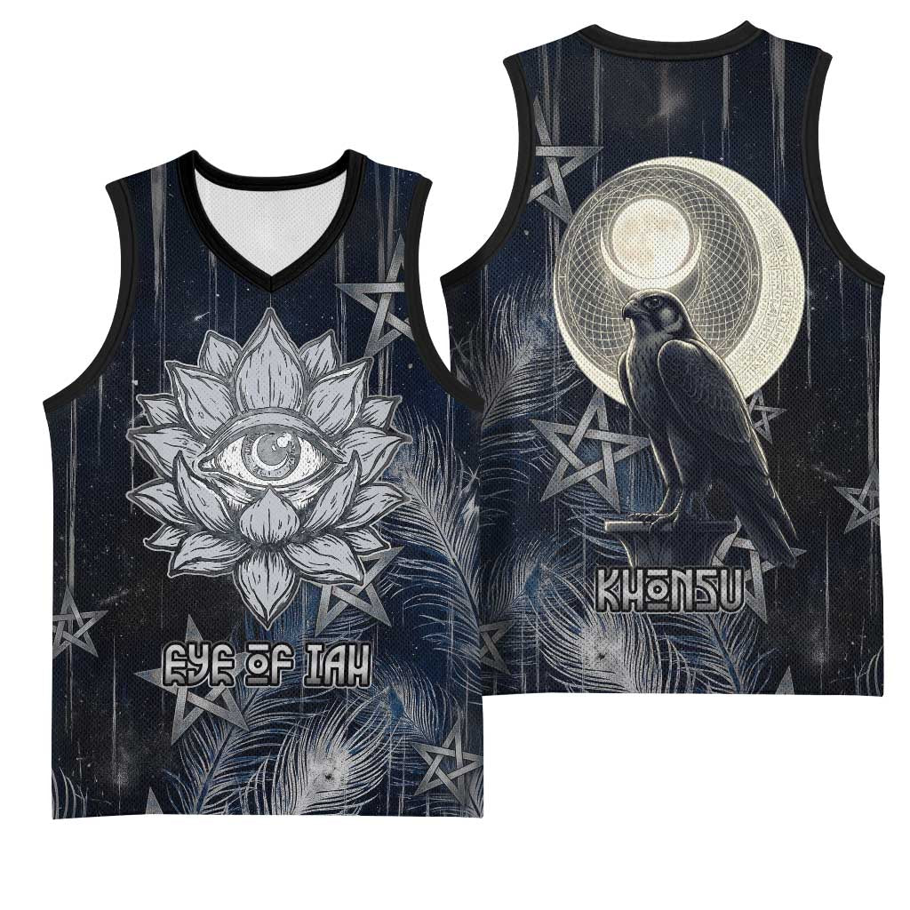 Khonsu Basketball Jersey Ancient Egyptian Dark Feather Pattern, Moonlit Raven Symbol, and Eye Lotus - Wonder Print Shop