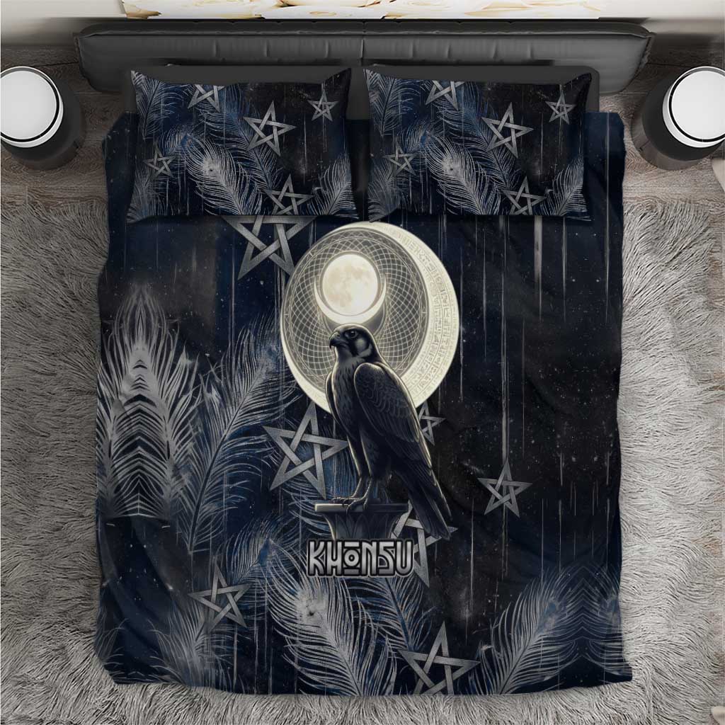 Khonsu Bedding Set Ancient Egyptian Dark Feather Pattern, Moonlit Raven Symbol, and Eye Lotus - Wonder Print Shop