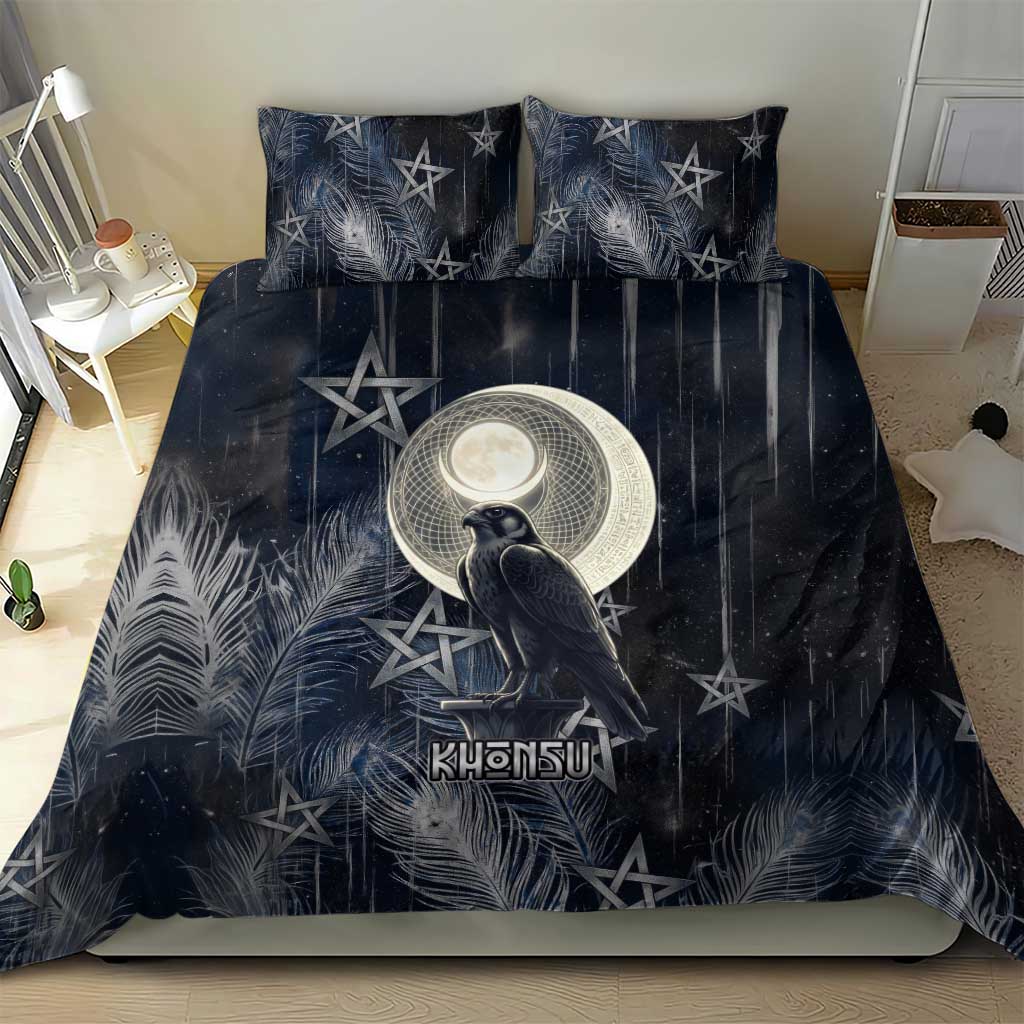 Khonsu Bedding Set Ancient Egyptian Dark Feather Pattern, Moonlit Raven Symbol, and Eye Lotus - Wonder Print Shop