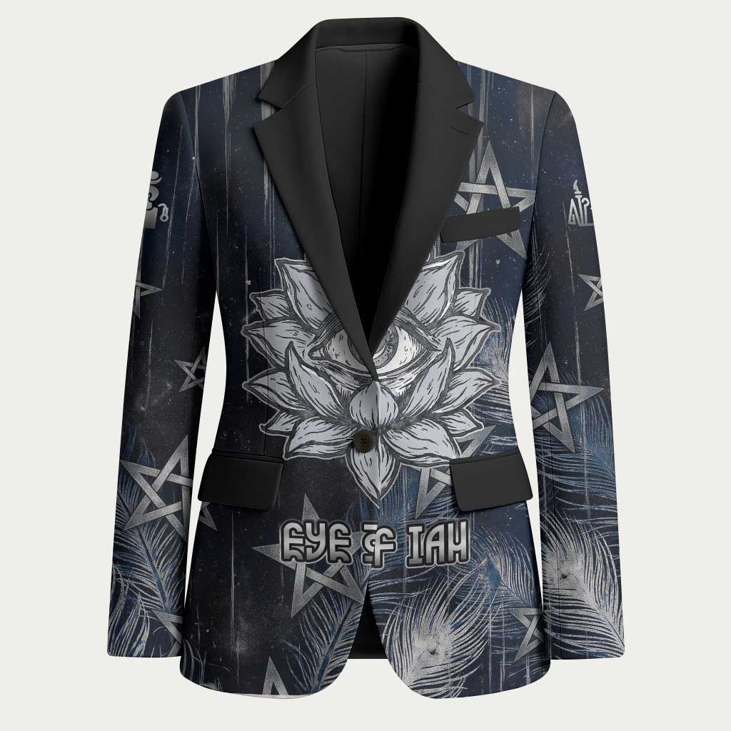 Khonsu Blazer Ancient Egyptian Dark Feather Pattern, Moonlit Raven Symbol, and Eye Lotus - Wonder Print Shop