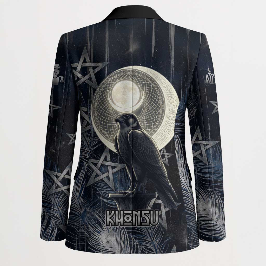 Khonsu Blazer Ancient Egyptian Dark Feather Pattern, Moonlit Raven Symbol, and Eye Lotus - Wonder Print Shop