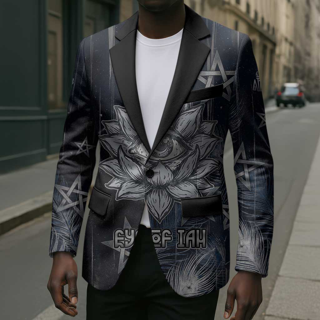 Khonsu Blazer Ancient Egyptian Dark Feather Pattern, Moonlit Raven Symbol, and Eye Lotus - Wonder Print Shop