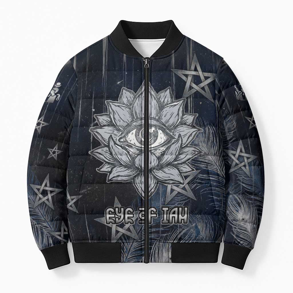 Khonsu Bomber Puffer Jacket Ancient Egyptian Dark Feather Pattern, Moonlit Raven Symbol, and Eye Lotus - Wonder Print Shop