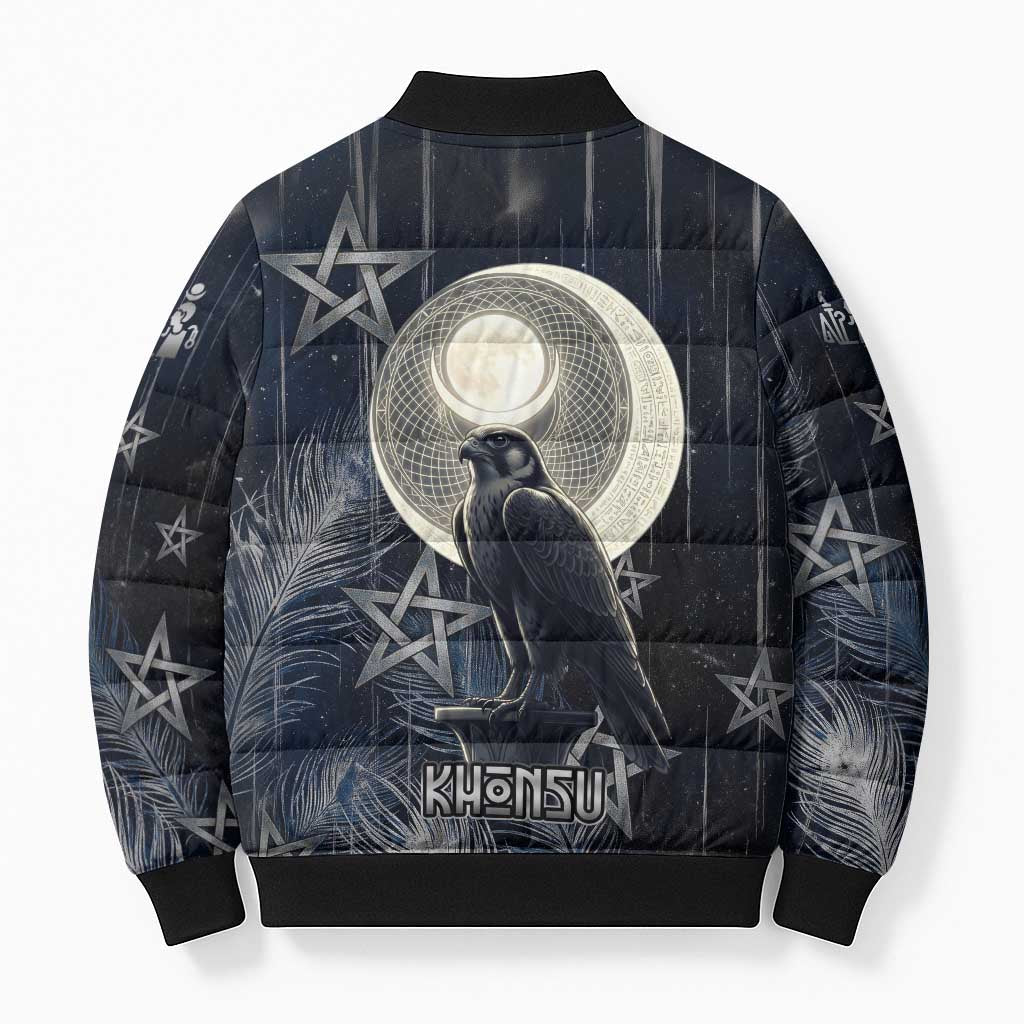 Khonsu Bomber Puffer Jacket Ancient Egyptian Dark Feather Pattern, Moonlit Raven Symbol, and Eye Lotus - Wonder Print Shop