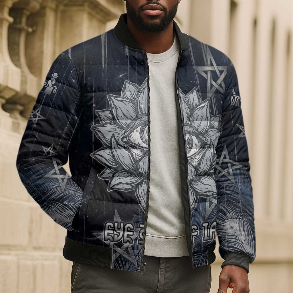 Khonsu Bomber Puffer Jacket Ancient Egyptian Dark Feather Pattern, Moonlit Raven Symbol, and Eye Lotus - Wonder Print Shop
