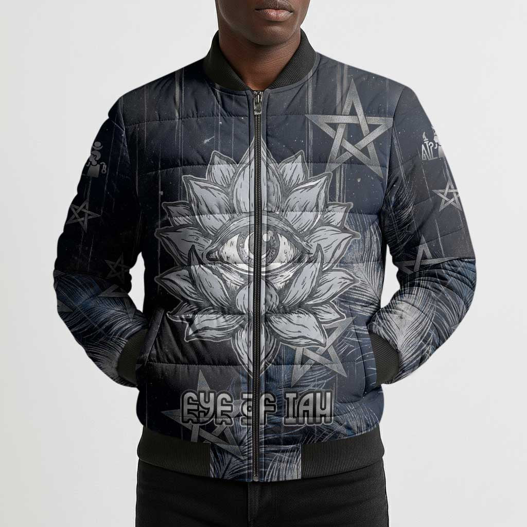 Khonsu Bomber Puffer Jacket Ancient Egyptian Dark Feather Pattern, Moonlit Raven Symbol, and Eye Lotus - Wonder Print Shop