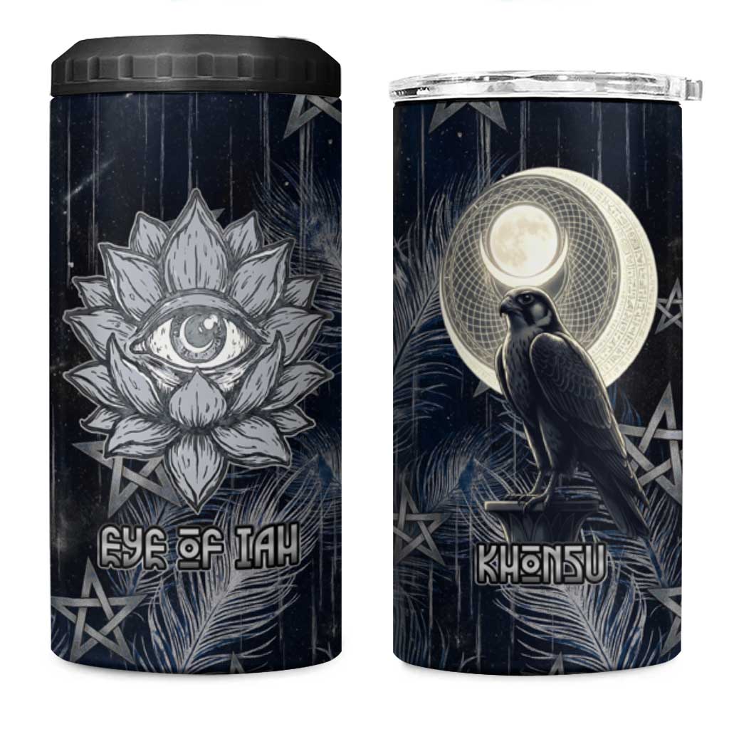 Khonsu 4 in 1 Can Cooler Tumbler Ancient Egyptian Dark Feather Pattern, Moonlit Raven Symbol, and Eye Lotus - Wonder Print Shop