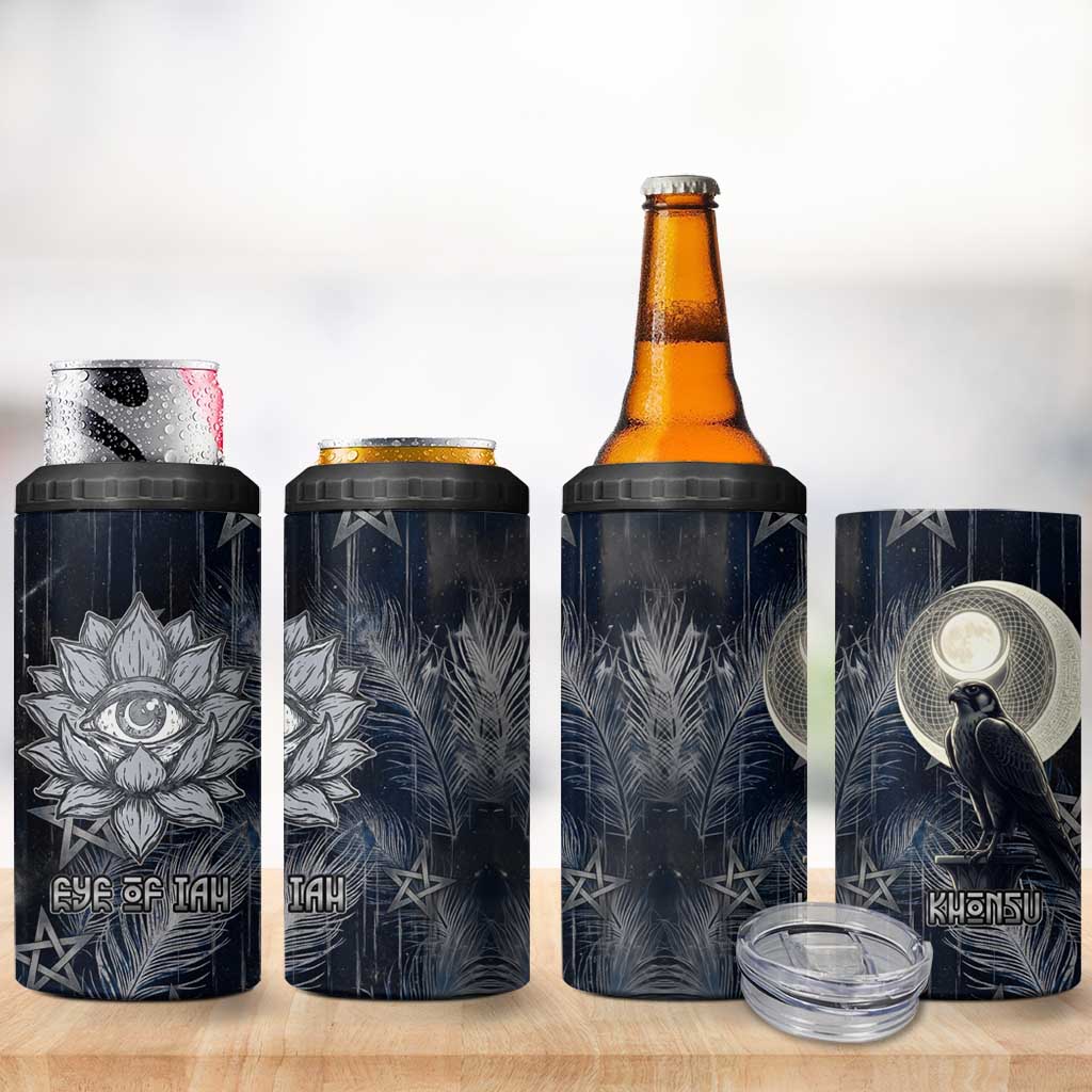 Khonsu 4 in 1 Can Cooler Tumbler Ancient Egyptian Dark Feather Pattern, Moonlit Raven Symbol, and Eye Lotus - Wonder Print Shop